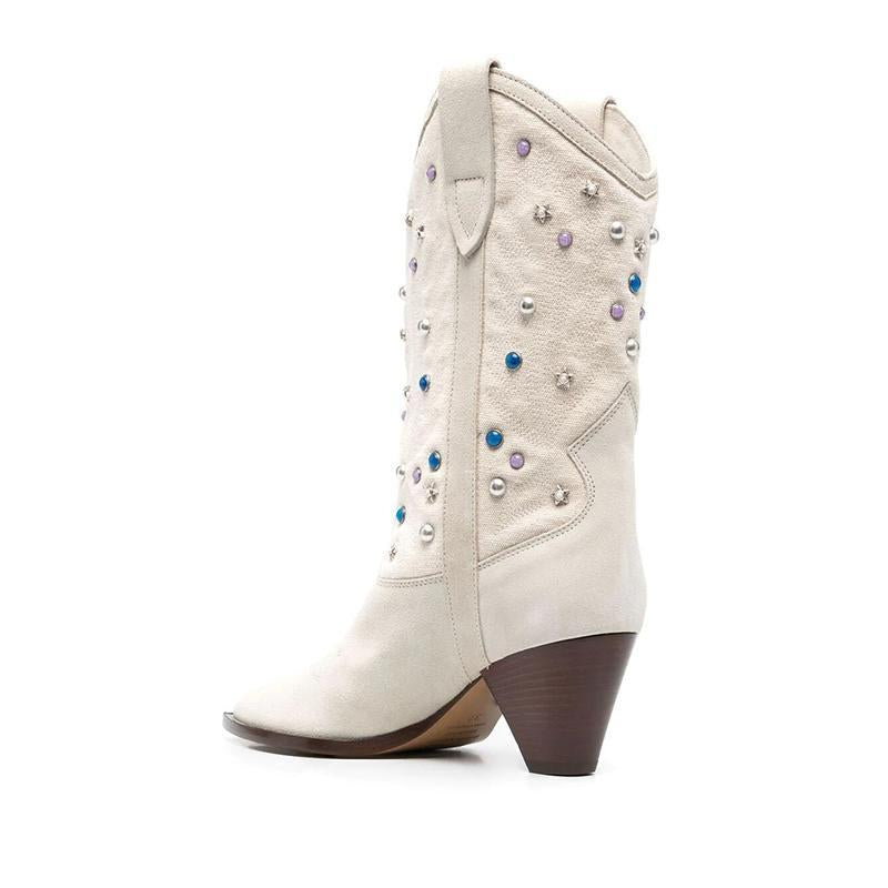 Women's Embellished Mid-Calf Cowboy Boots with Chunky Heel