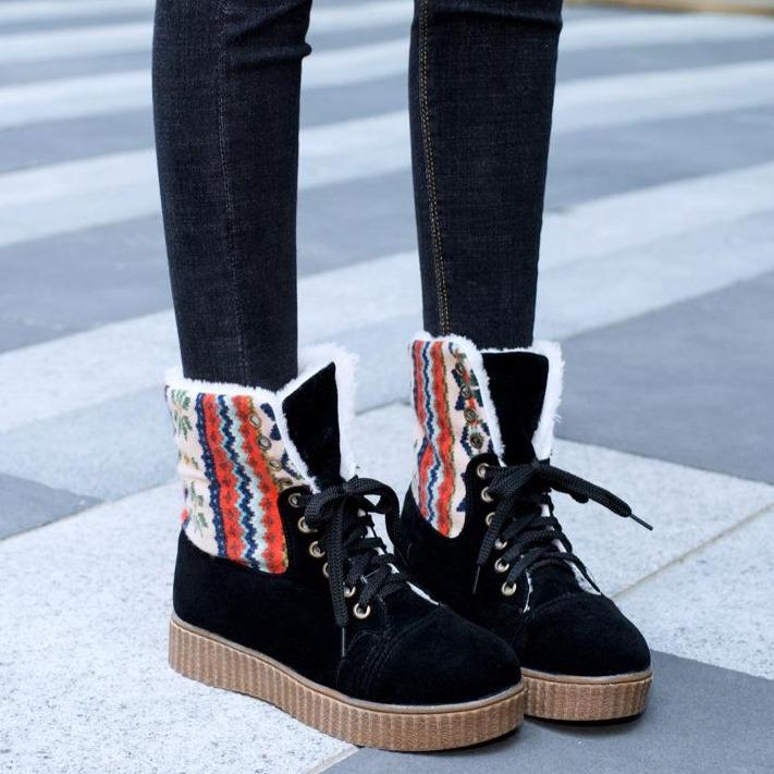 Women's Fashionable Patchwork Snow Boots with Lace-Up Design