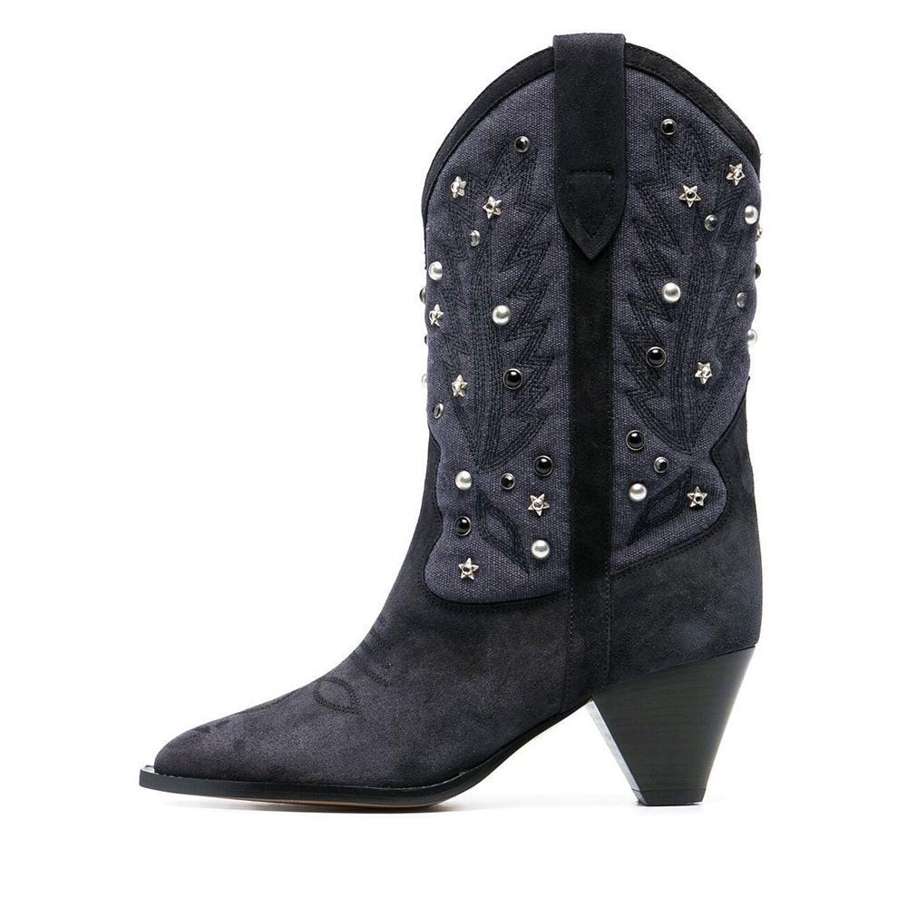 Women's Embellished Mid-Calf Cowboy Boots with Chunky Heel