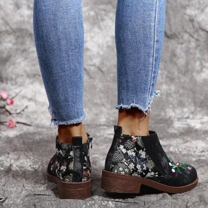 Stylish Women's Embroidered Block Heel Ankle Boots