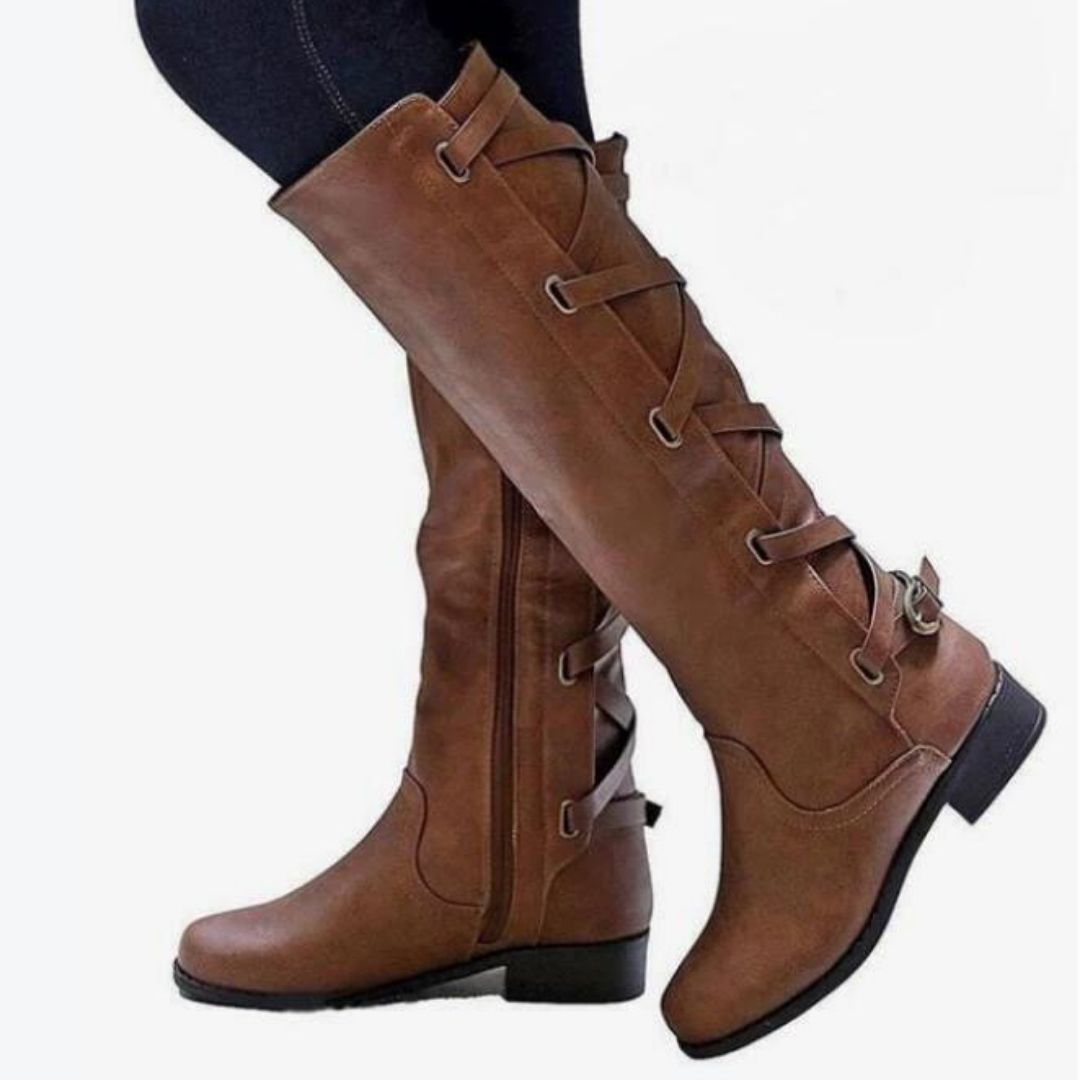 Stylish Knee-High Boots with Unique Strap Design