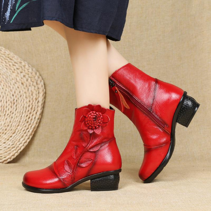 Women's Trendy Block Heel Ankle Boots with Flower Decor