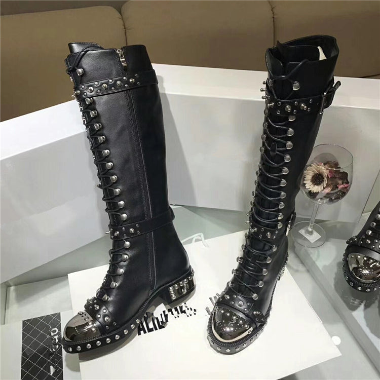 Addiex Schnoor Black Flower Print Leather Punk Boots with Hardware