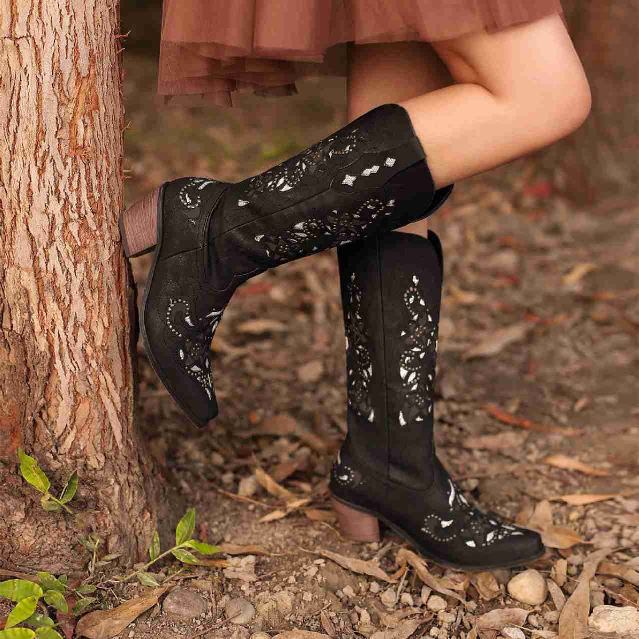 Stylish Women's Chunky Heel Studded Mid Calf Boots