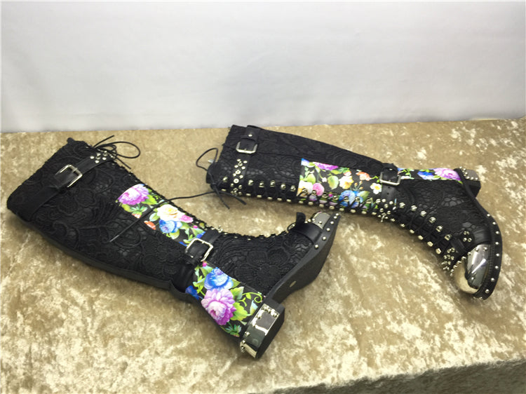 Addiex Schnoor Black Flower Print Leather Punk Boots with Hardware