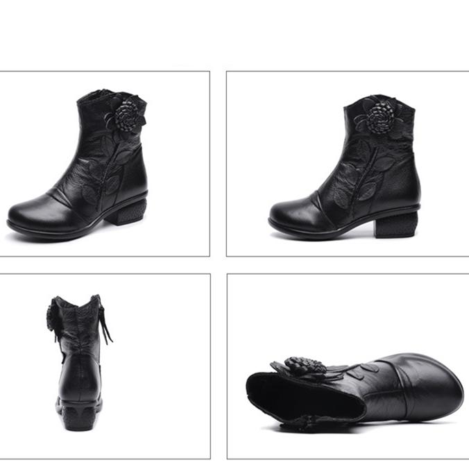Women's Trendy Block Heel Ankle Boots with Flower Decor