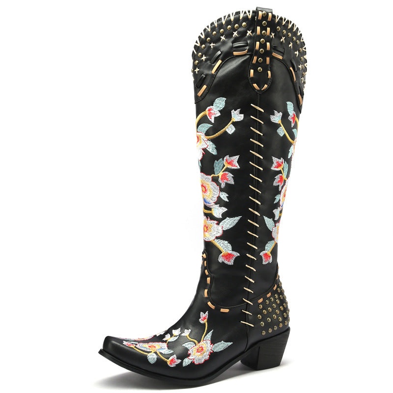 Stylish Women's Embroidered Cowgirl Boots with Chunky Heel