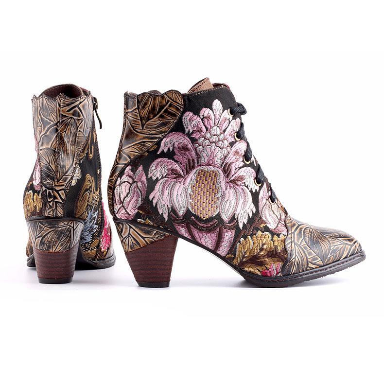 Stylish Women's Embroidered Flower Block Heel Boots