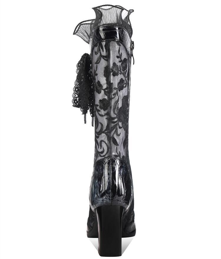 Stylish Women's Embroidered Mesh Block Heel Mid-Calf Boots