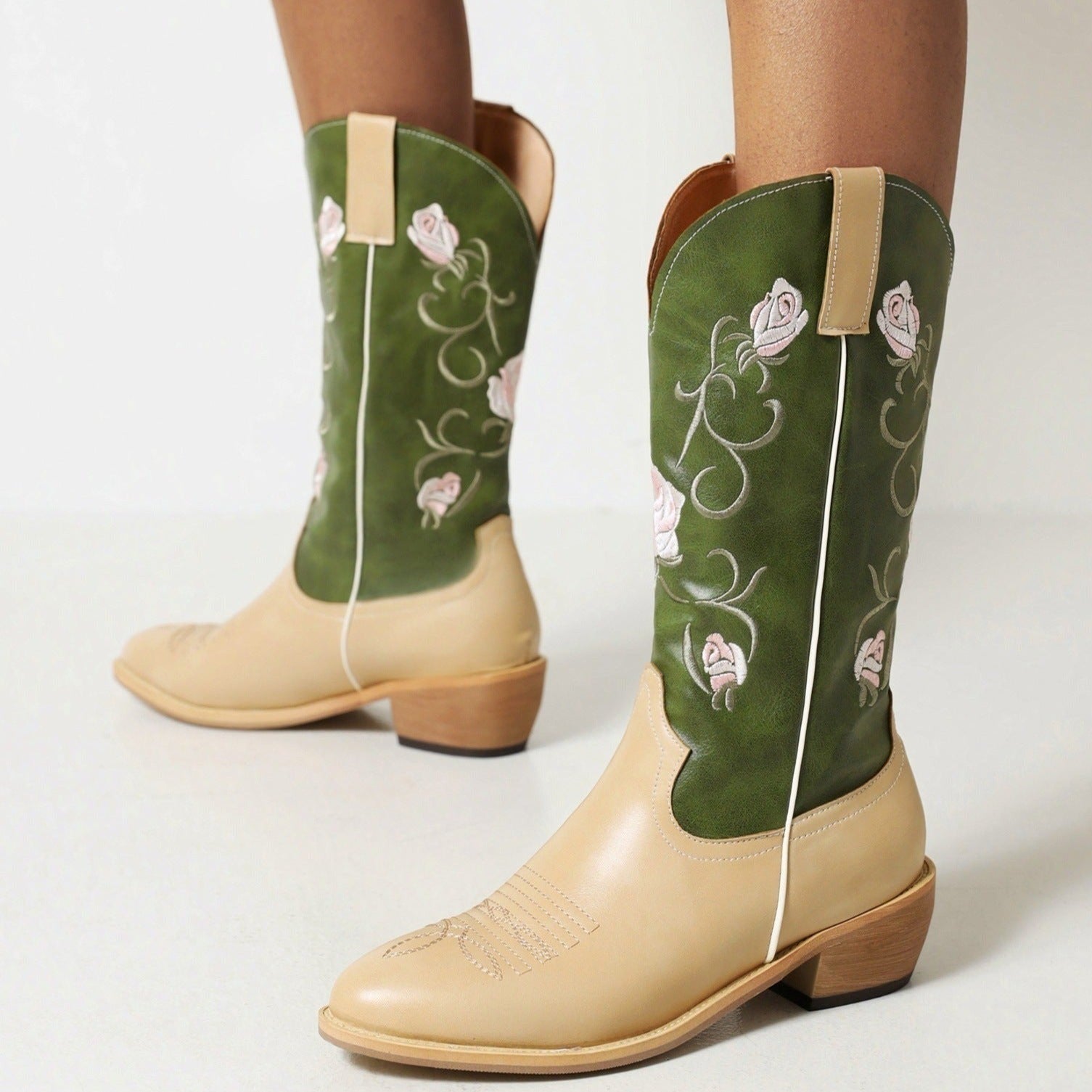 Stylish Women's Embroidered Mid-Calf Boots with Chunky Heel