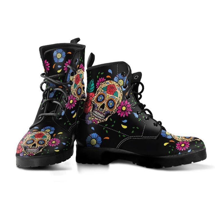 Stylish Women's Flower Skull Print Lace-Up Boots