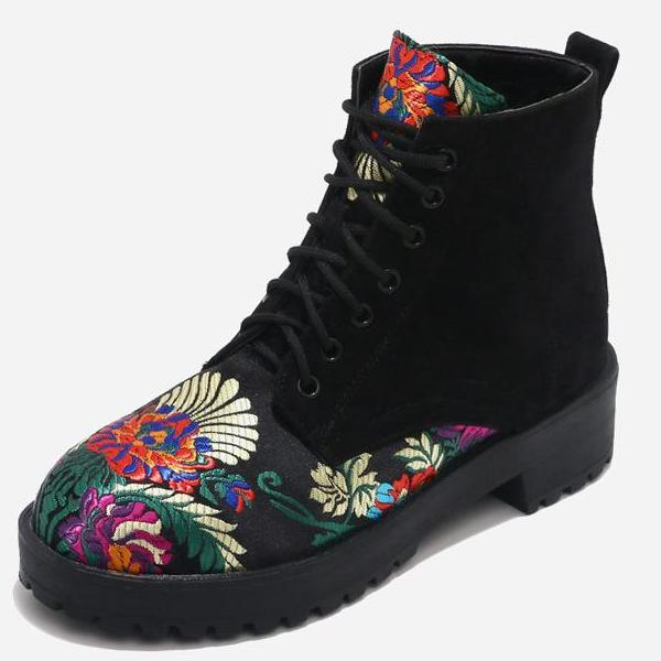 Stylish Floral Embroidered Ankle Motorcycle Boots