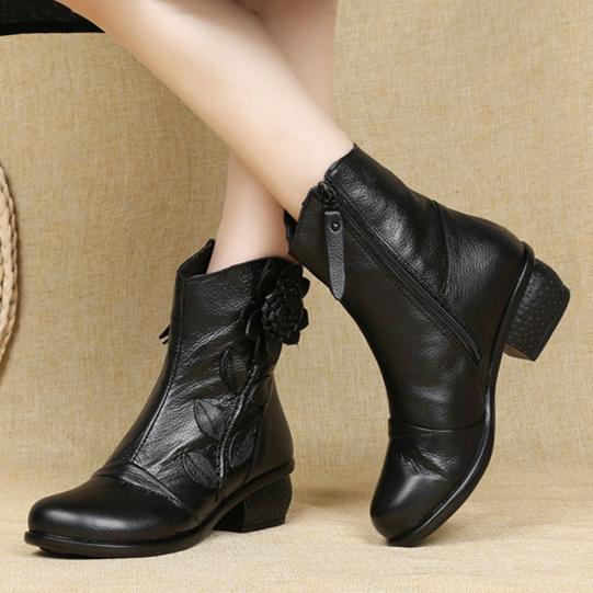 Women's Trendy Block Heel Ankle Boots with Flower Decor