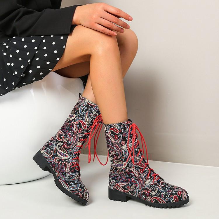 Stylish Women's Embroidered Lace-Up Chunky Heel Boots
