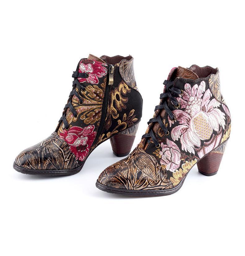Stylish Women's Embroidered Flower Block Heel Boots