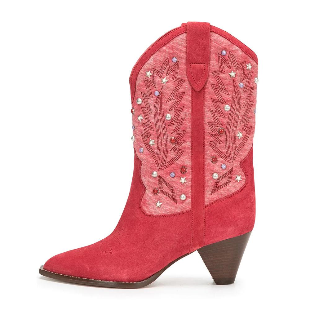 Women's Embellished Mid-Calf Cowboy Boots with Chunky Heel