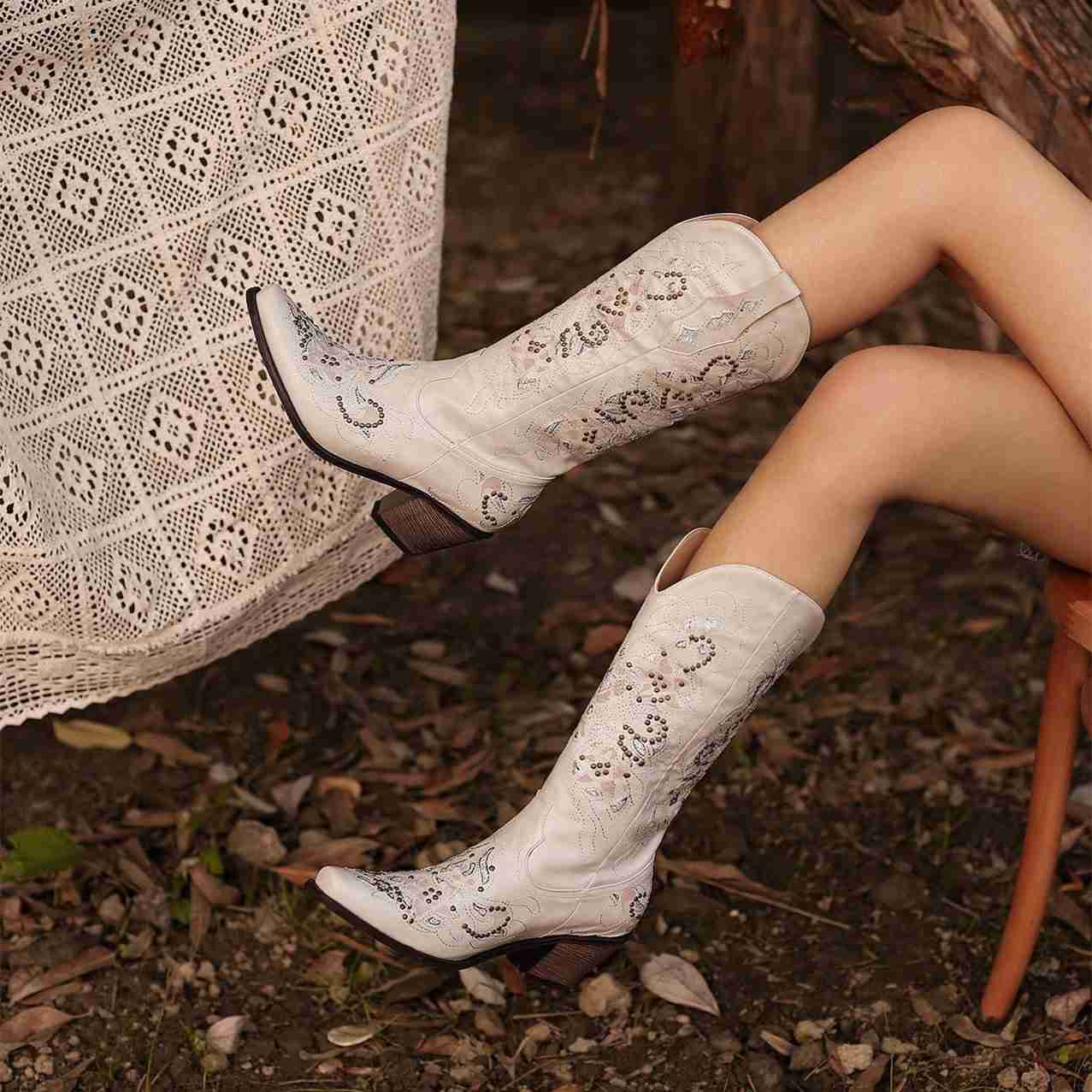 Stylish Women's Chunky Heel Studded Mid Calf Boots