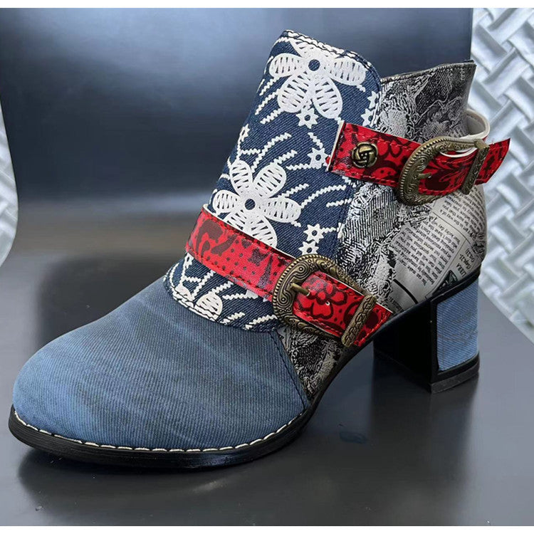 Ethnic Style Women's Ankle Boots with Flower Print and Chunky Heel