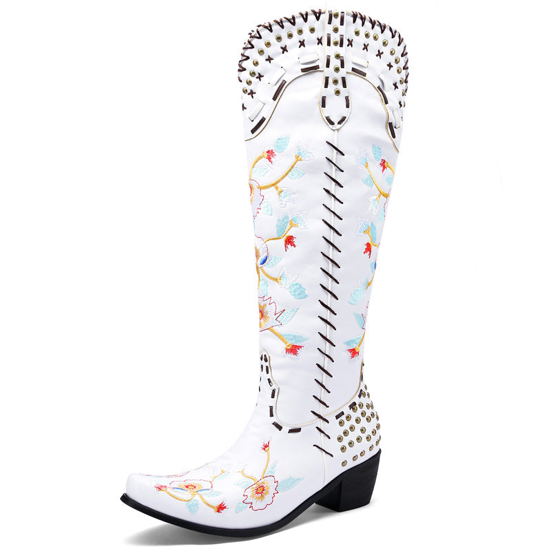 Stylish Women's Embroidered Cowgirl Boots with Chunky Heel