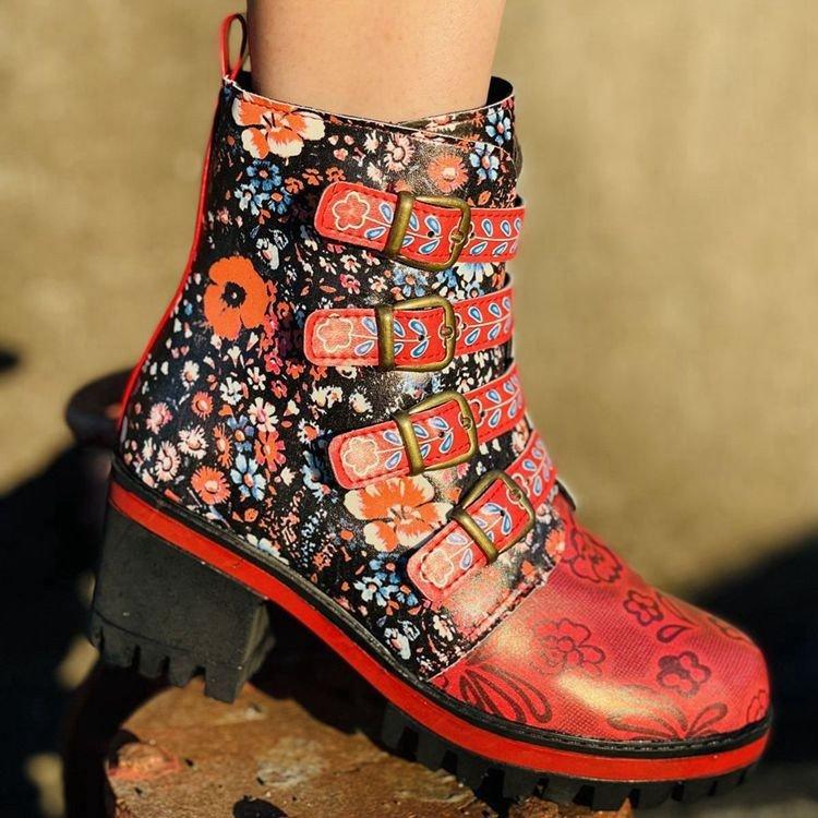 Stylish Women's Red Floral Printed Chunky Heel Boots