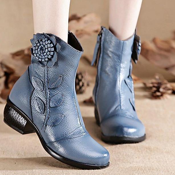 Women's Trendy Block Heel Ankle Boots with Flower Decor