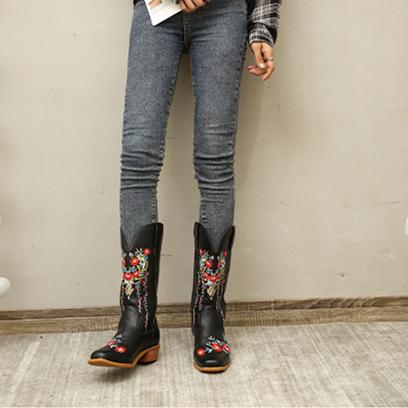 Women's Embroidered Cowboy Boots with Chunky Heel