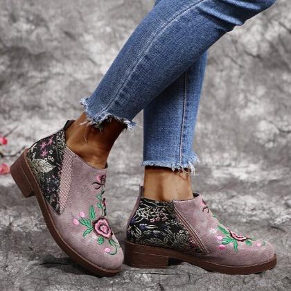 Stylish Women's Embroidered Block Heel Ankle Boots