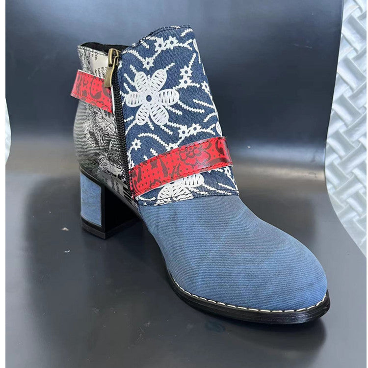Ethnic Style Women's Ankle Boots with Flower Print and Chunky Heel