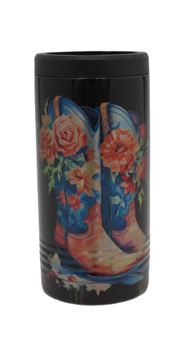 Western Style Skinny Can Koozie with Boots & Flowers