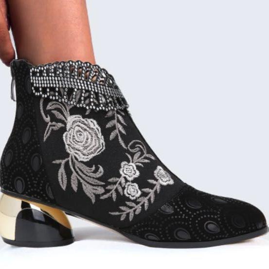 Stylish Women's Embroidered Block Heel Ankle Boots