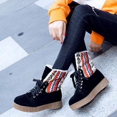 Women's Fashionable Patchwork Snow Boots with Lace-Up Design