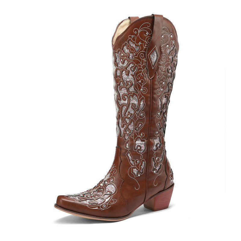 Glamorous Women's Rhinestone Knee-High Boots with Chunky Heel