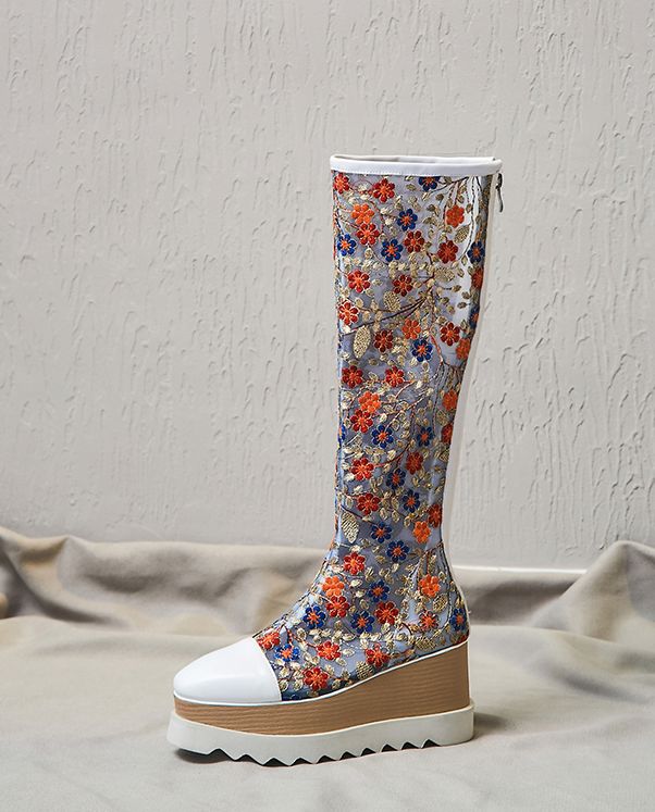 Wellezo Horpo Women's Flower Print Chunky Mesh Knee-High Boots