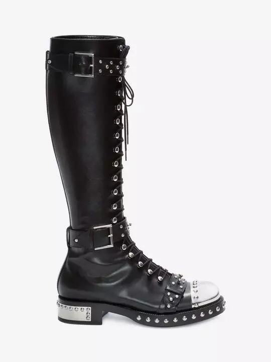 Addiex Schnoor Black Flower Print Leather Punk Boots with Hardware