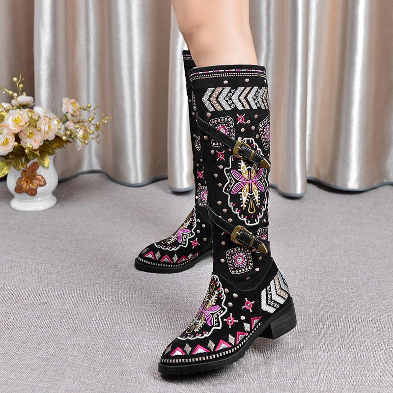 Stylish Women's Embroidered Mid-Calf Boots with Chunky Heel