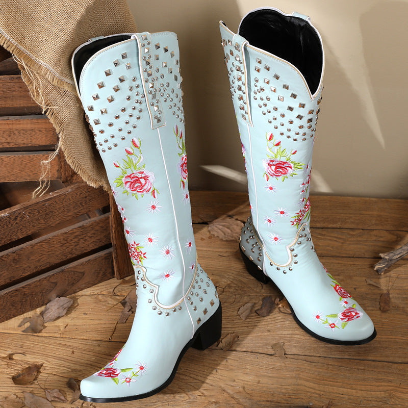 Stylish Women's Embroidered Knee-High Boots with Chunky Heel