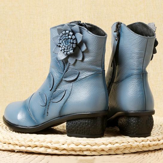 Women's Trendy Block Heel Ankle Boots with Flower Decor