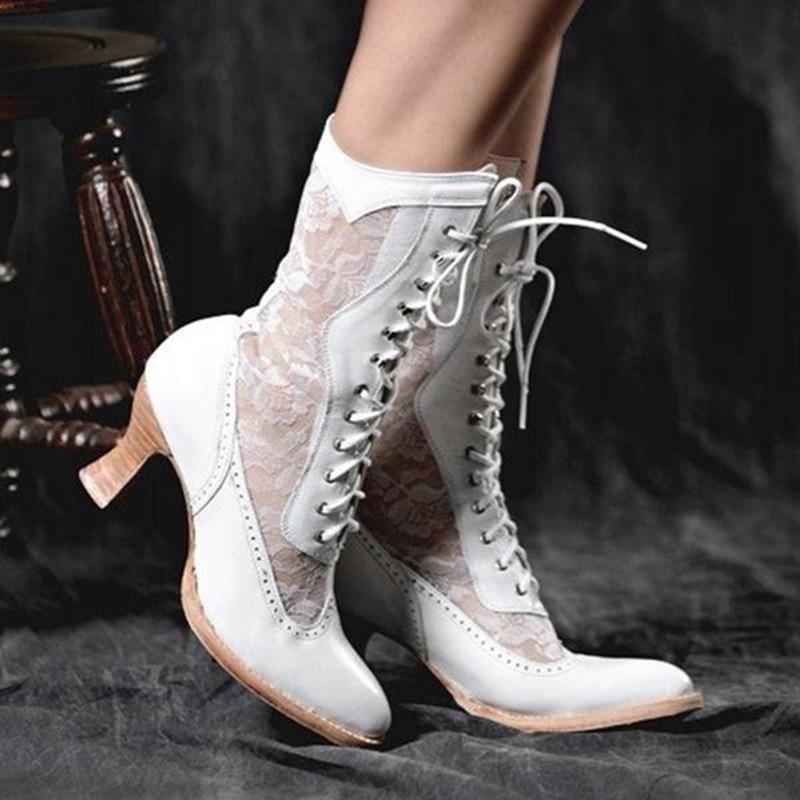 Stylish Women's Mid Calf Lace-Up Chunky Heel Boots