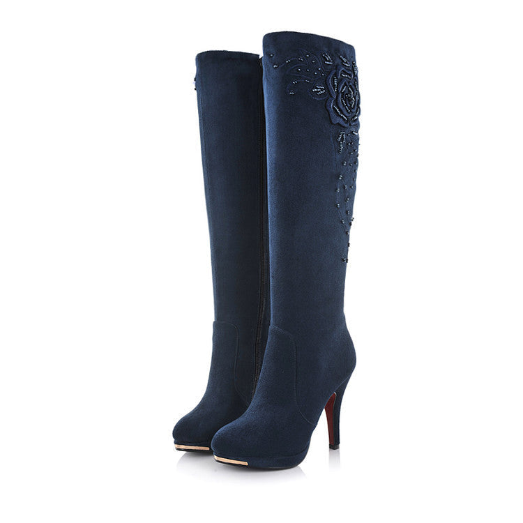 Stylish Women's Embroidered Knee-High Boots with Beaded Flowers
