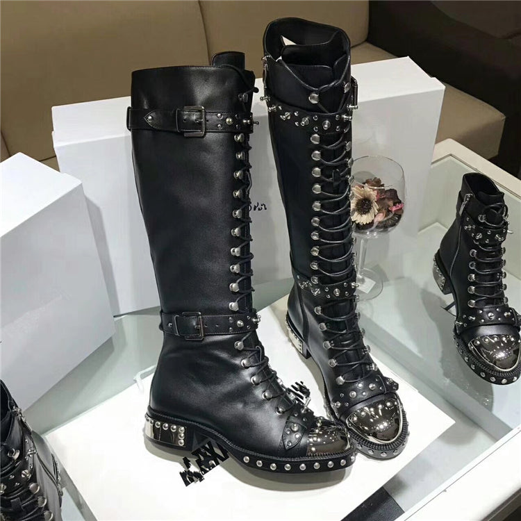 Addiex Schnoor Black Flower Print Leather Punk Boots with Hardware