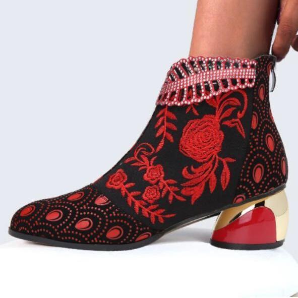 Stylish Women's Embroidered Block Heel Ankle Boots