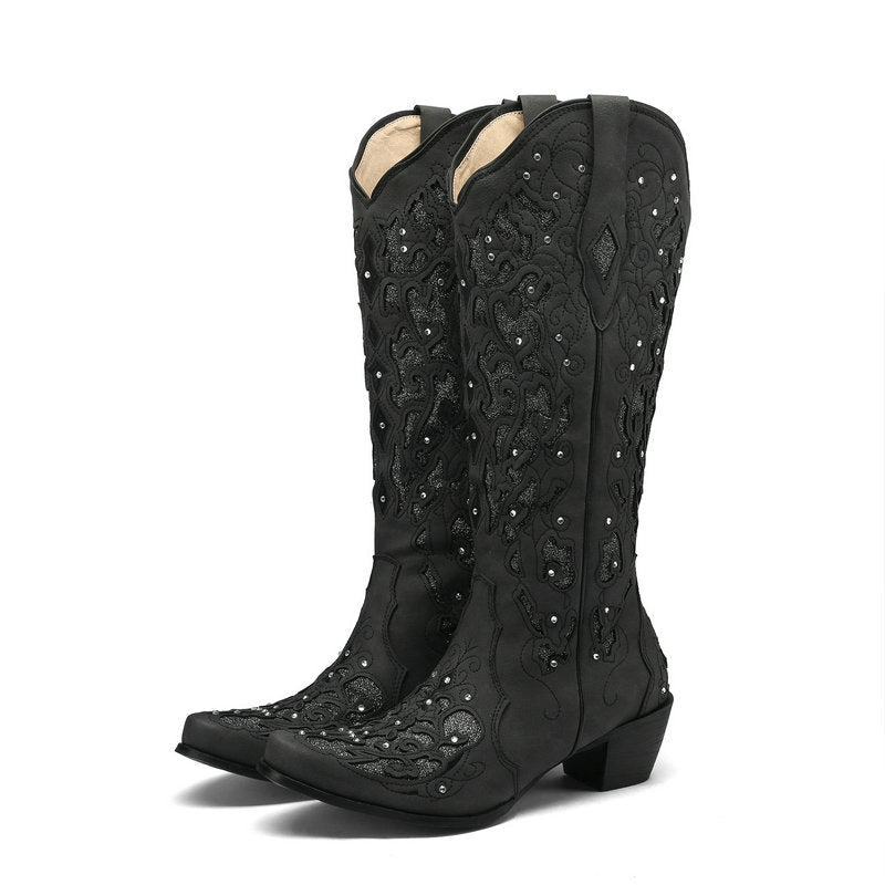 Glamorous Women's Rhinestone Knee-High Boots with Chunky Heel