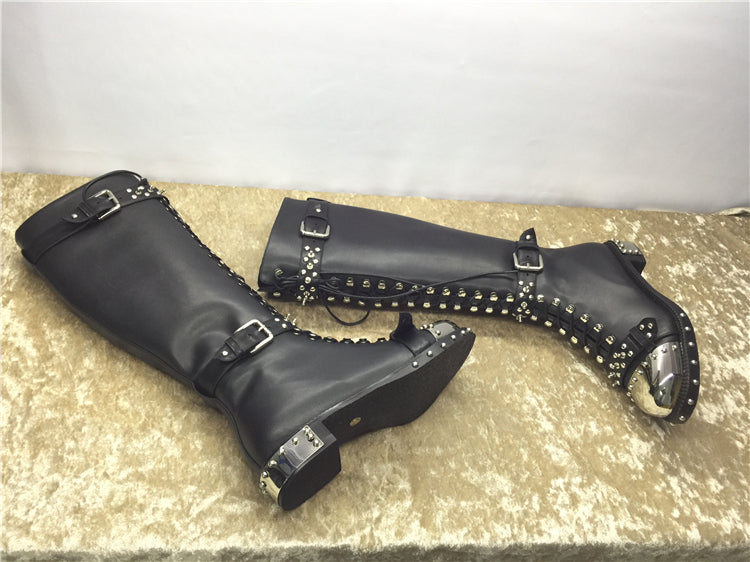 Addiex Schnoor Black Flower Print Leather Punk Boots with Hardware
