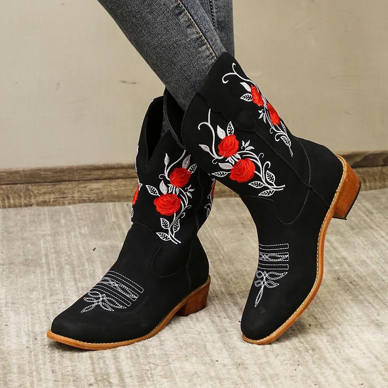 Stylish Women's Embroidered Mid Calf Boots with Chunky Heel