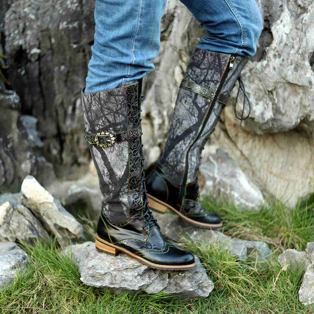 Women's Black Embossed Leather Knee-High Motorcycle Boots
