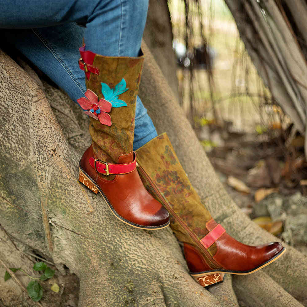 Stylish Women's Color Block Knee High Boots with Chunky Heel
