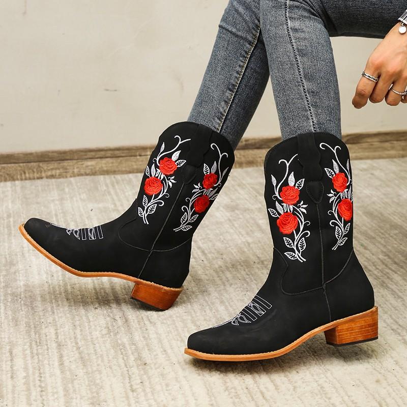 Stylish Women's Embroidered Mid Calf Boots with Chunky Heel