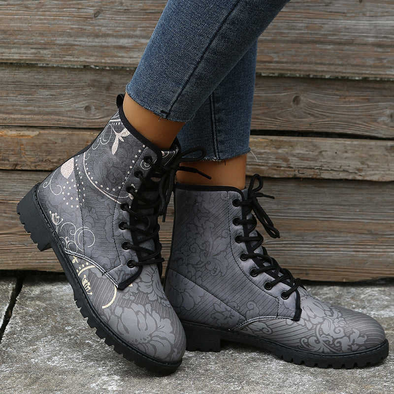 Women's Floral Ankle Boots with Low Chunky Heel