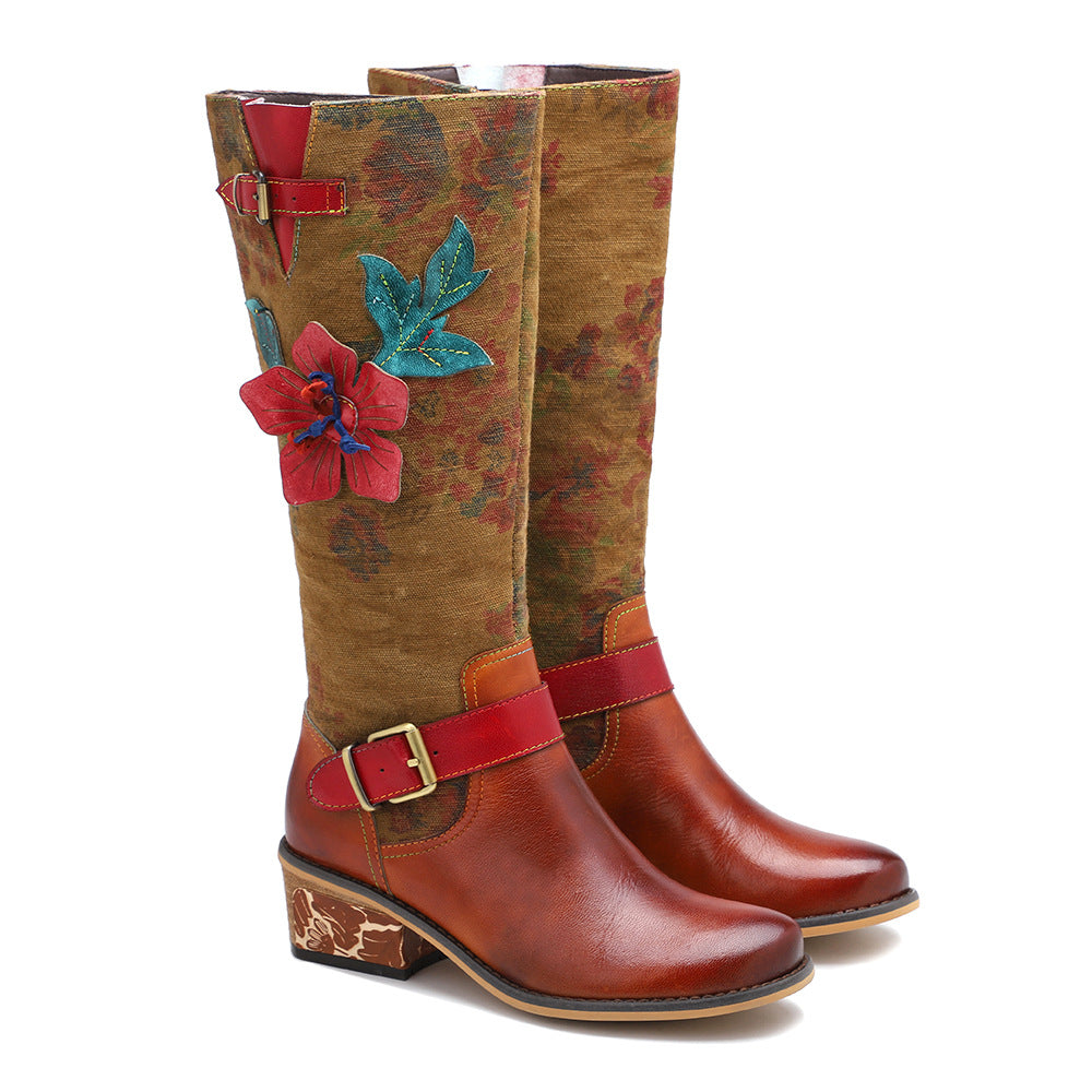 Stylish Women's Color Block Knee High Boots with Chunky Heel