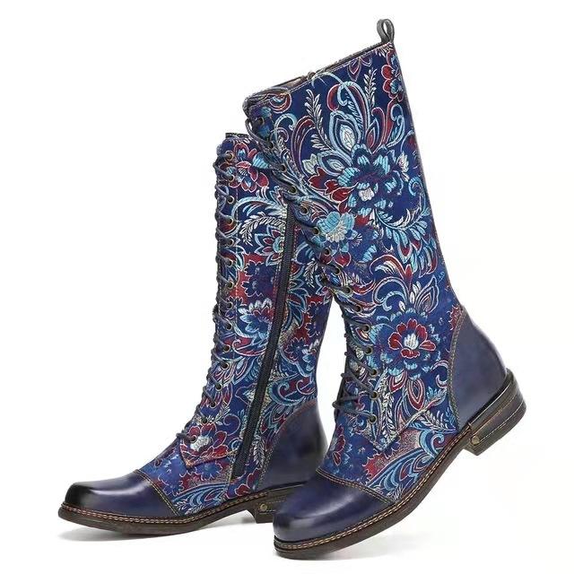 Women's Fashionable Retro Flower Lace-Up Boots
